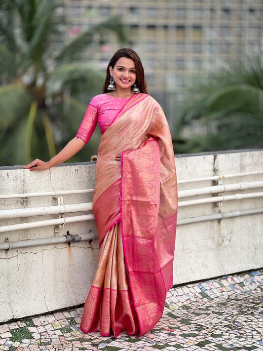 Peach Traditional Kanjivaram Tissue Pattu Saree