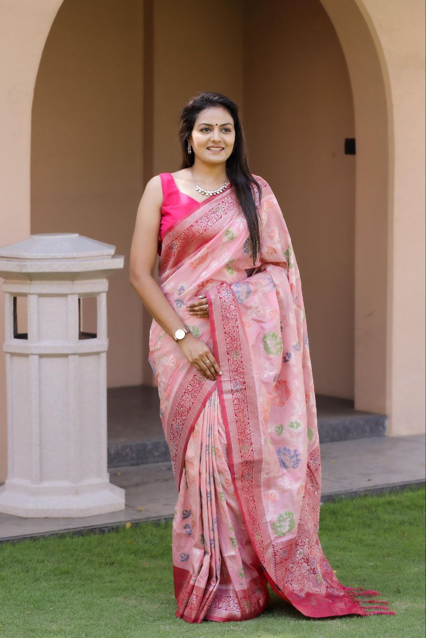 Pink Traditional Khadee Georgette Silk Saree