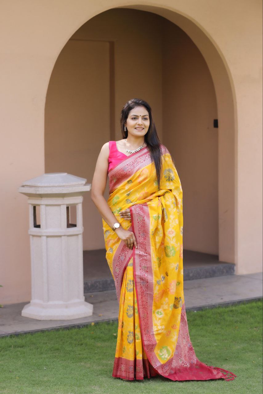 Yellow Traditional Khadee Georgette Silk Saree