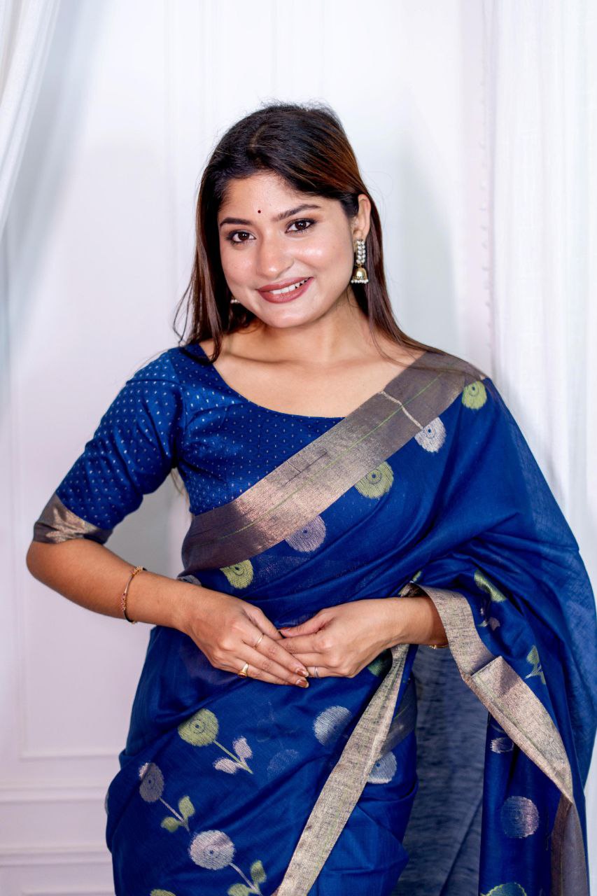 Navy Traditional Linen Silk Saree