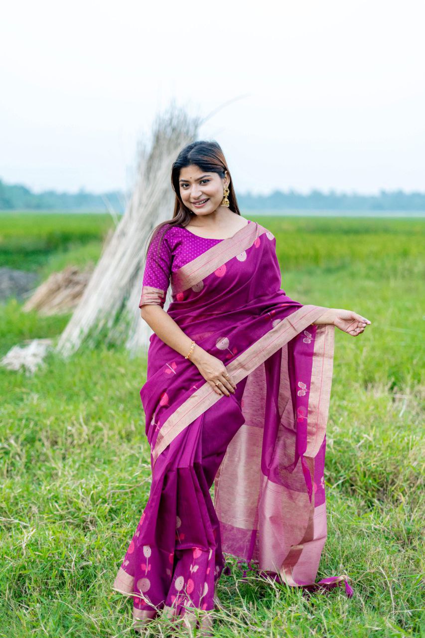 Magenta Traditional Linen Silk Saree