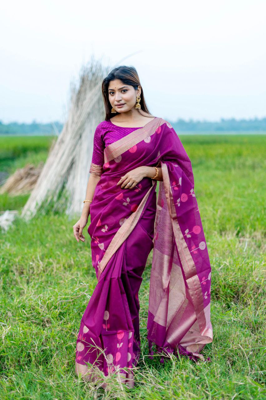 Magenta Traditional Linen Silk Saree