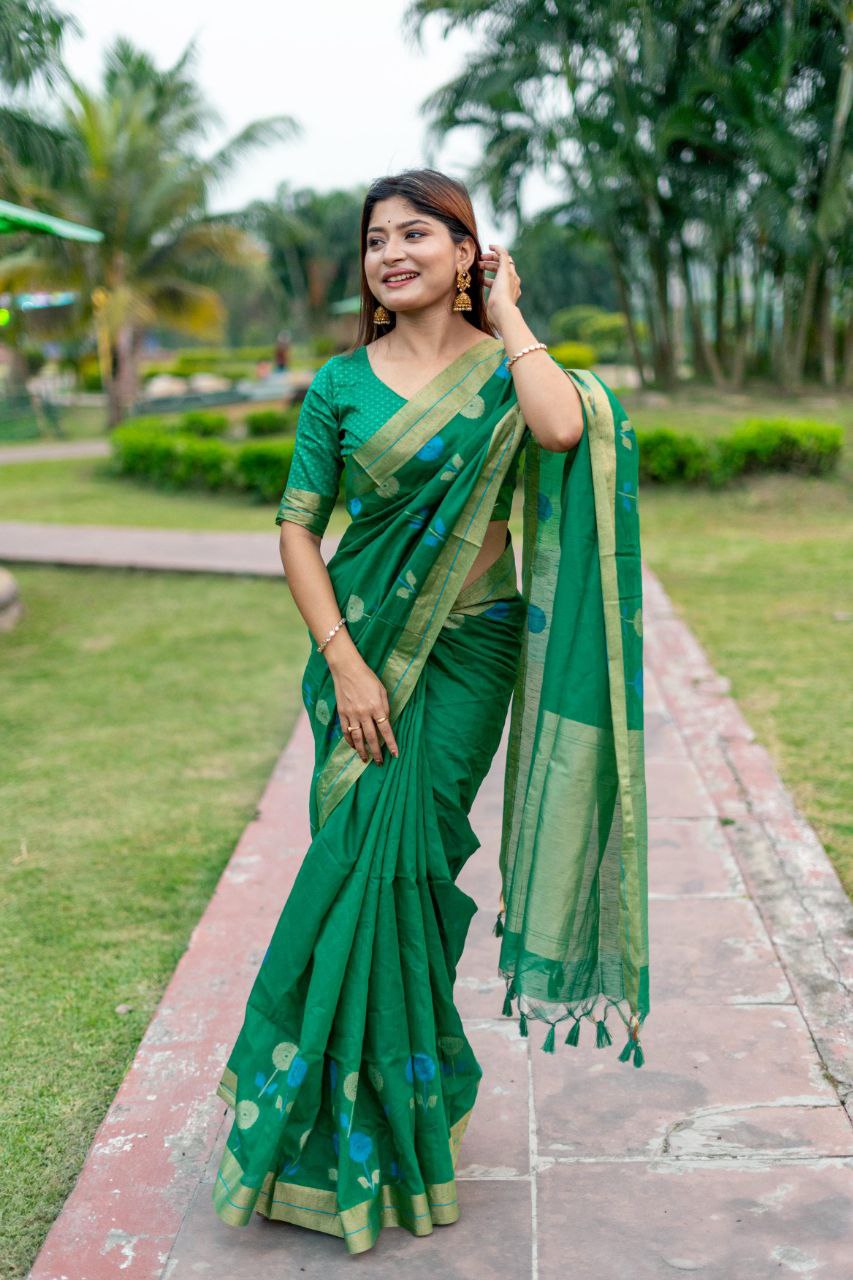 Green Traditional Linen Silk Saree