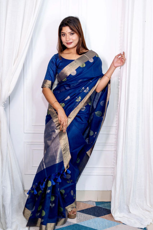 Navy Traditional Linen Silk Saree