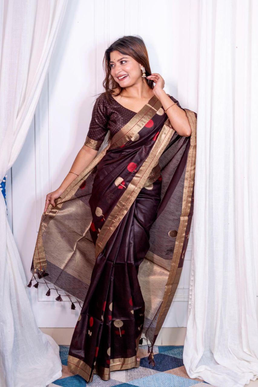 Brown Traditional Linen Silk Saree