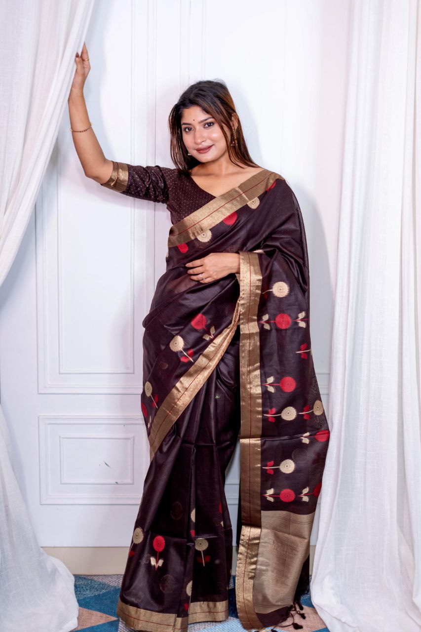 Brown Traditional Linen Silk Saree