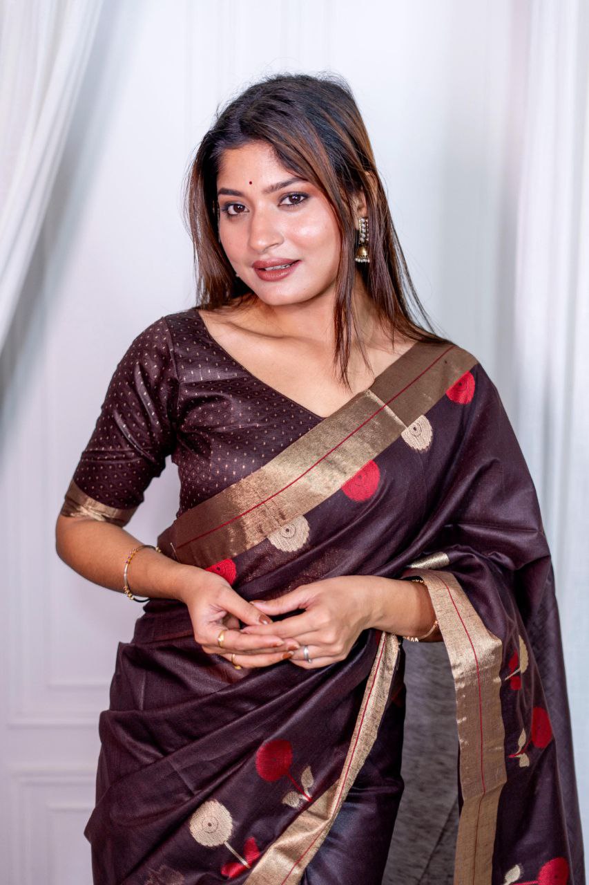 Brown Traditional Linen Silk Saree