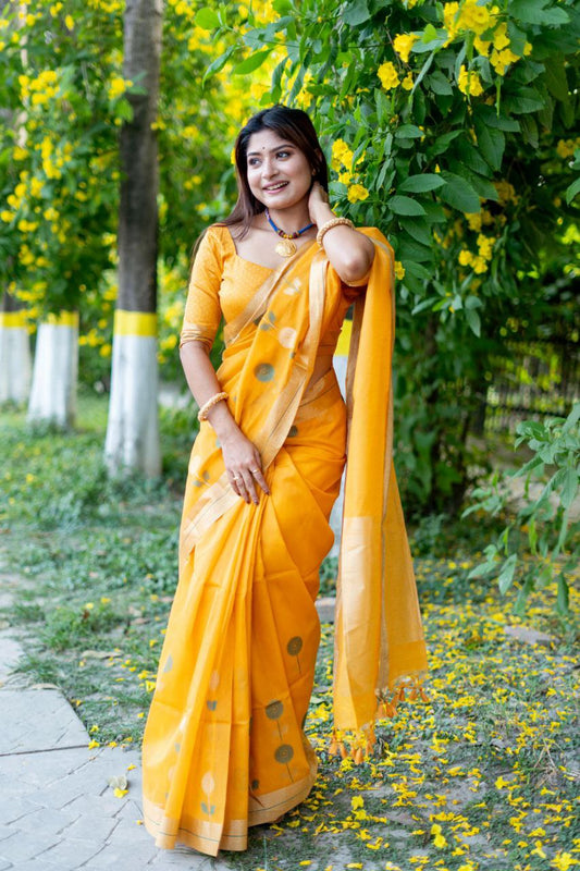 Yellow Traditional Linen Silk Saree