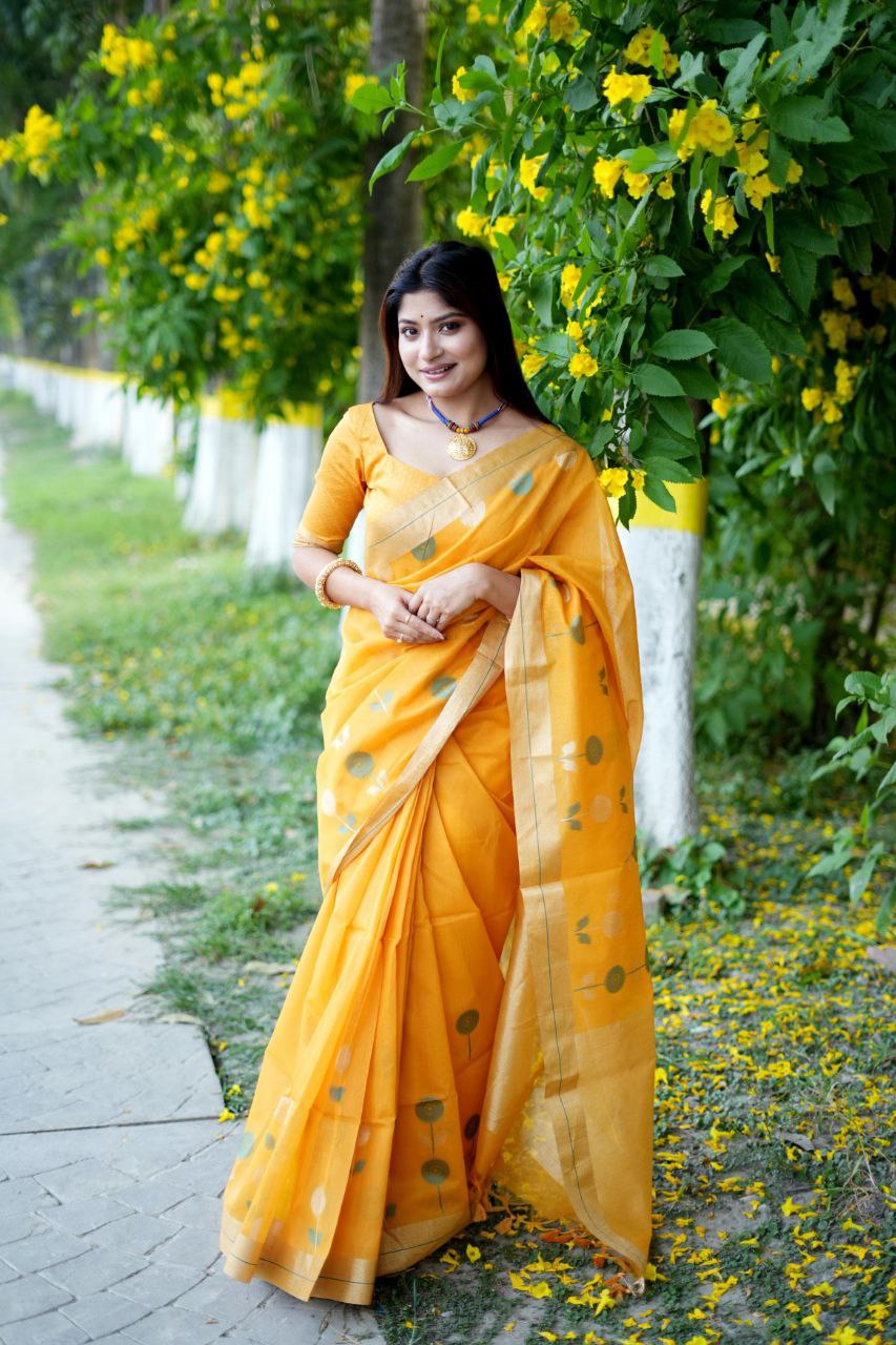 Yellow Traditional Linen Silk Saree