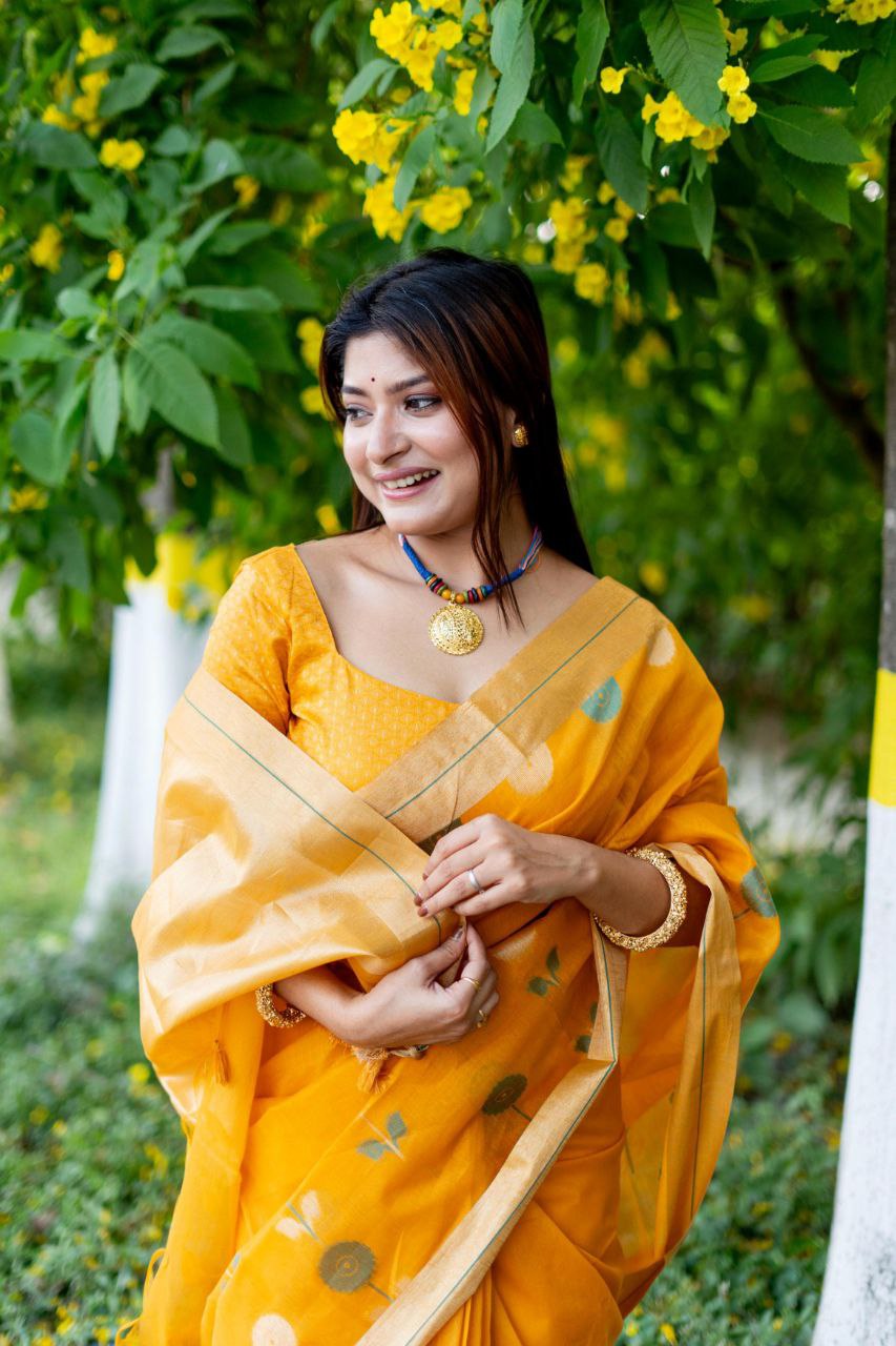 Yellow Traditional Linen Silk Saree