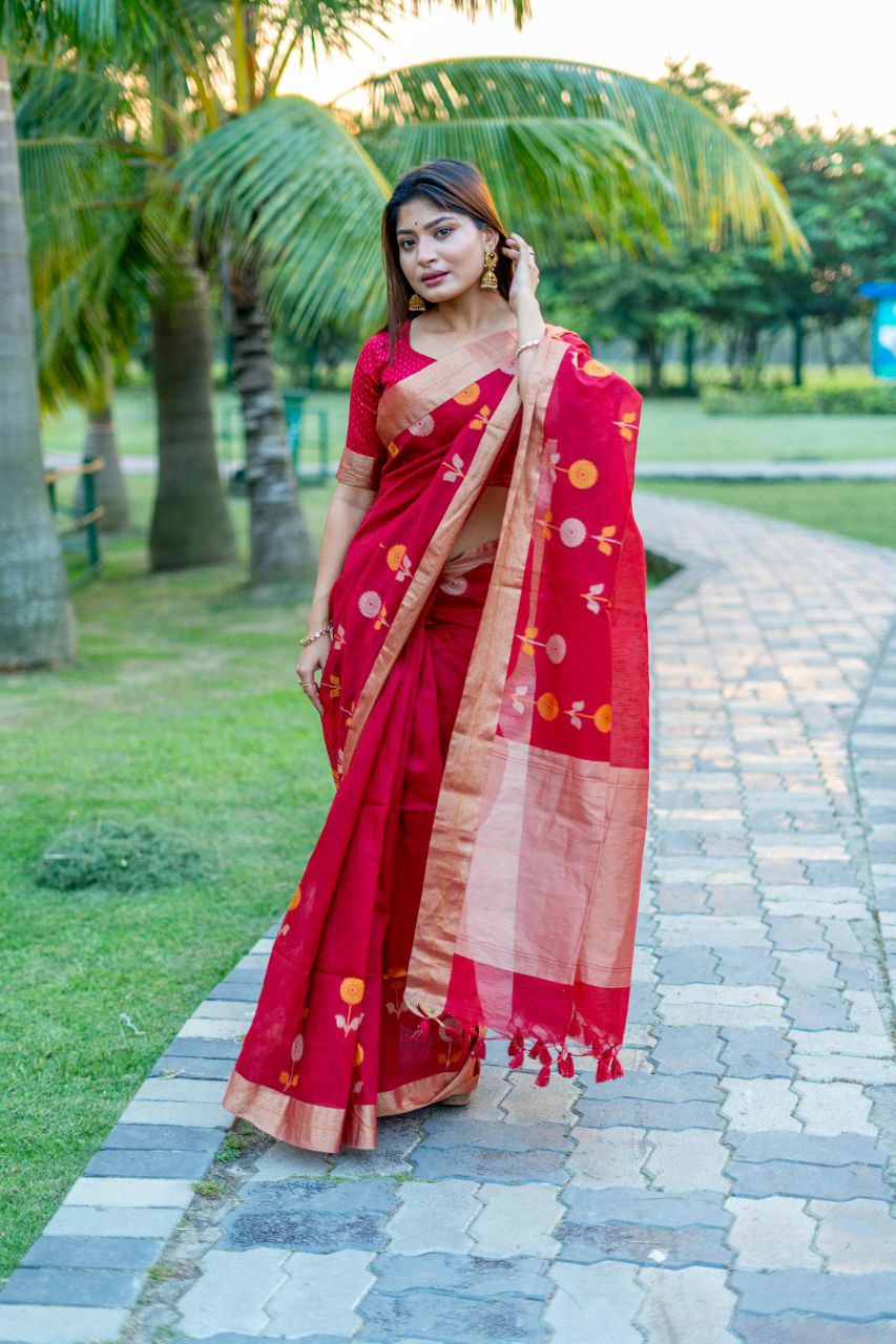 Red Traditional Linen Silk Saree