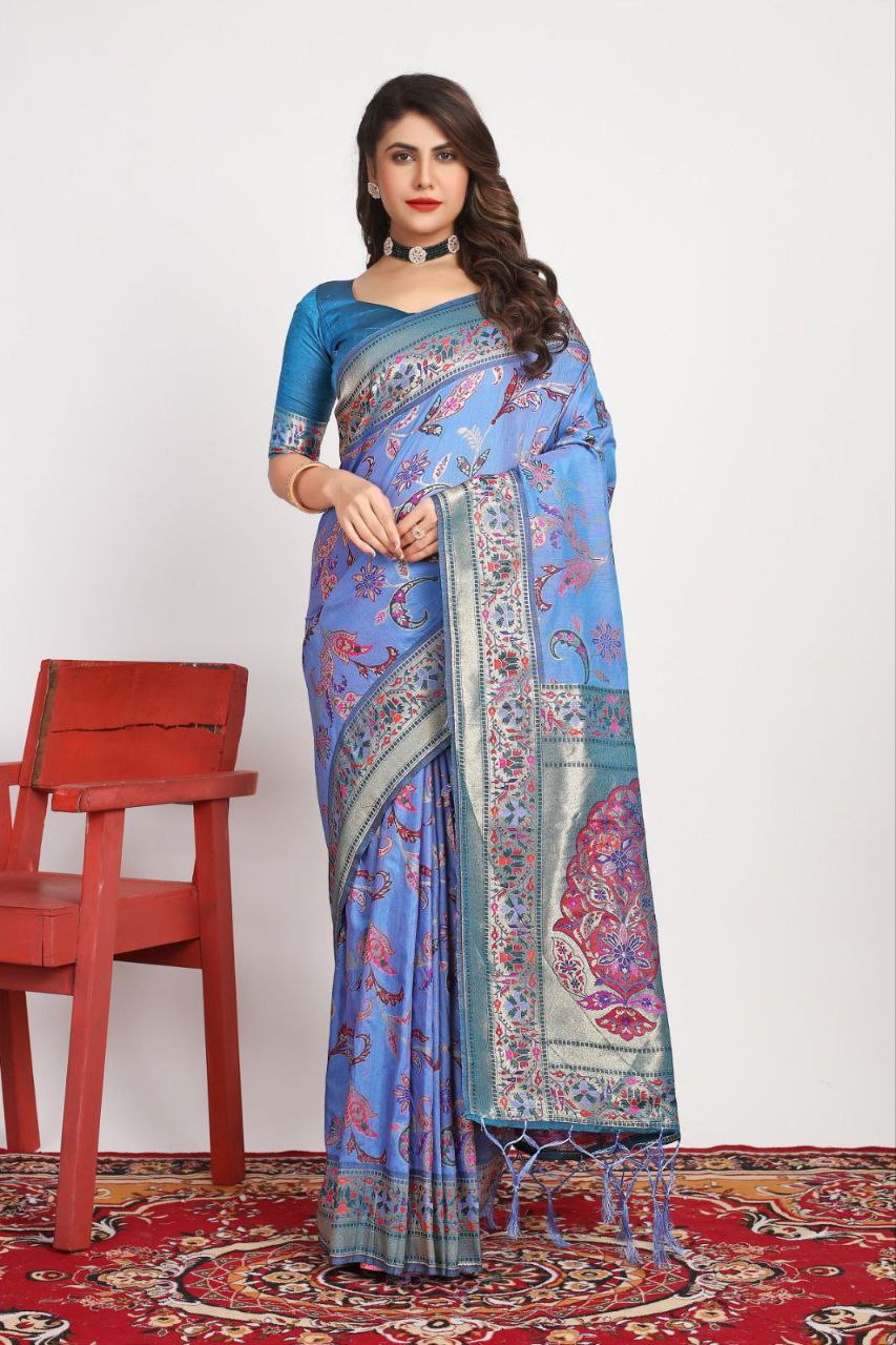 Faded Blue Traditional Pashmina Silk Saree