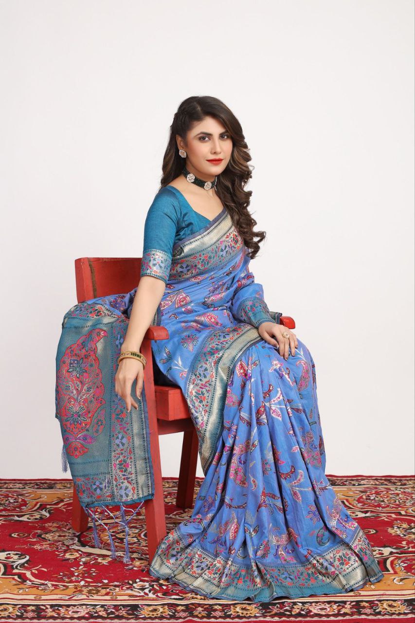 Faded Blue Traditional Pashmina Silk Saree