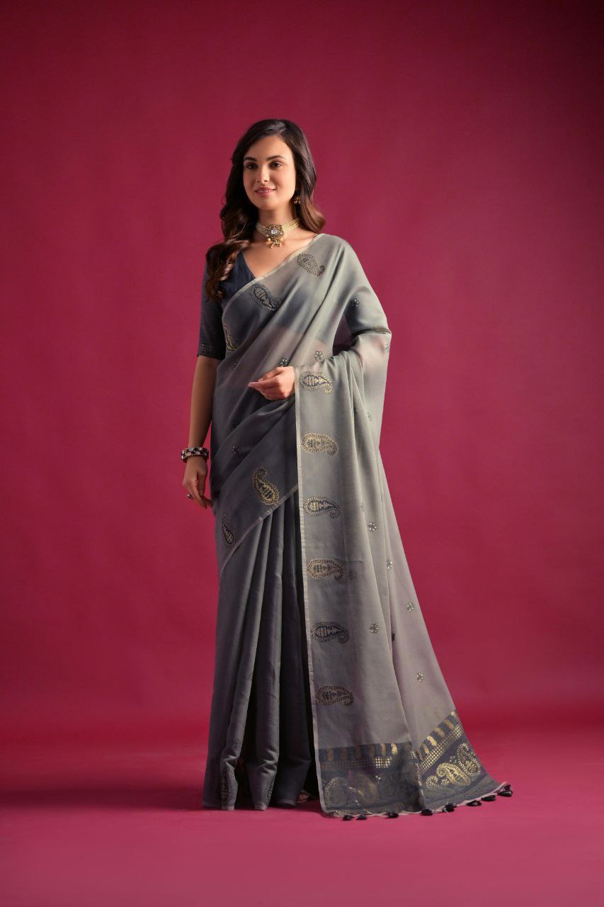 Gray Traditional Soft Mul Cotton Saree