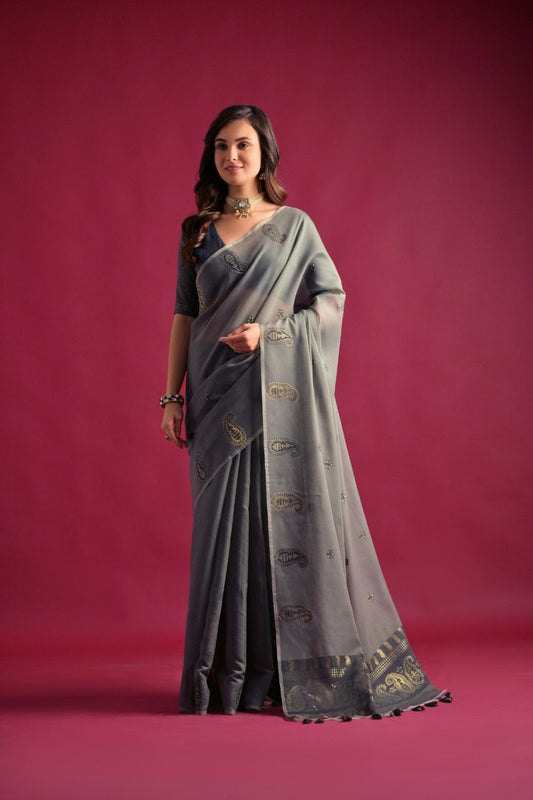 Gray Traditional Soft Mul Cotton Saree