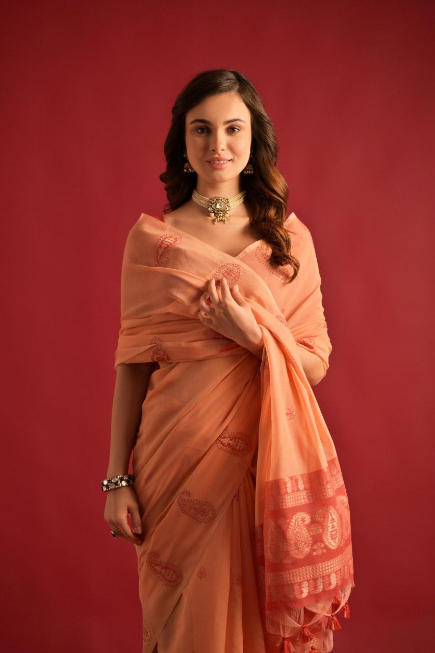 Orange Traditional Soft Mul Cotton Saree