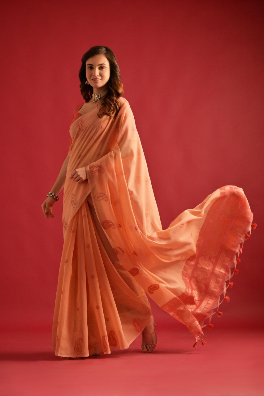 Orange Traditional Soft Mul Cotton Saree