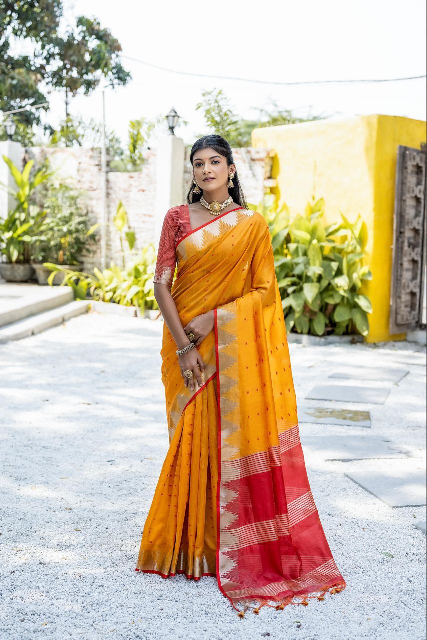 Orange Traditional Tussar Silk Saree