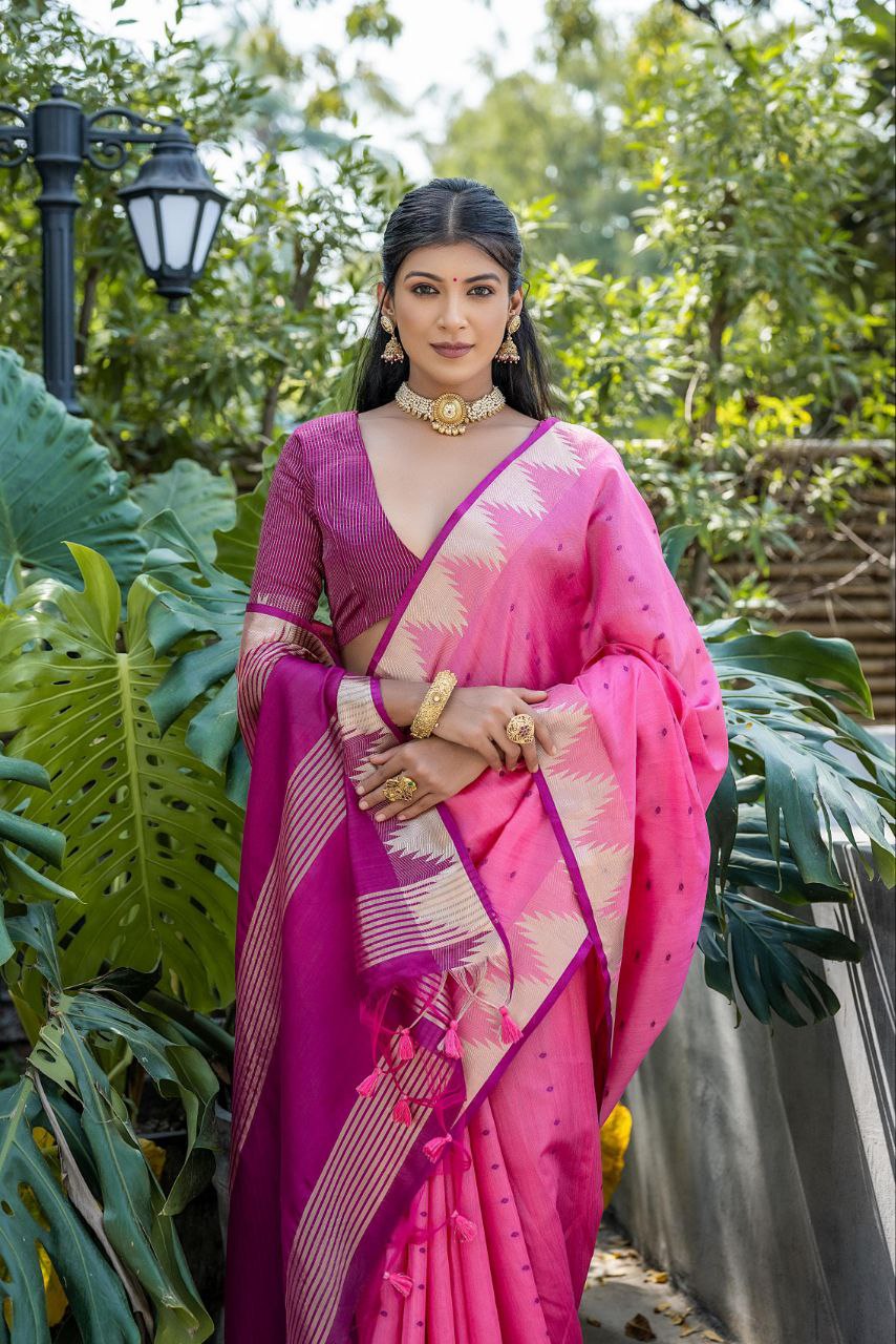 Pink Traditional Tussar Silk Saree