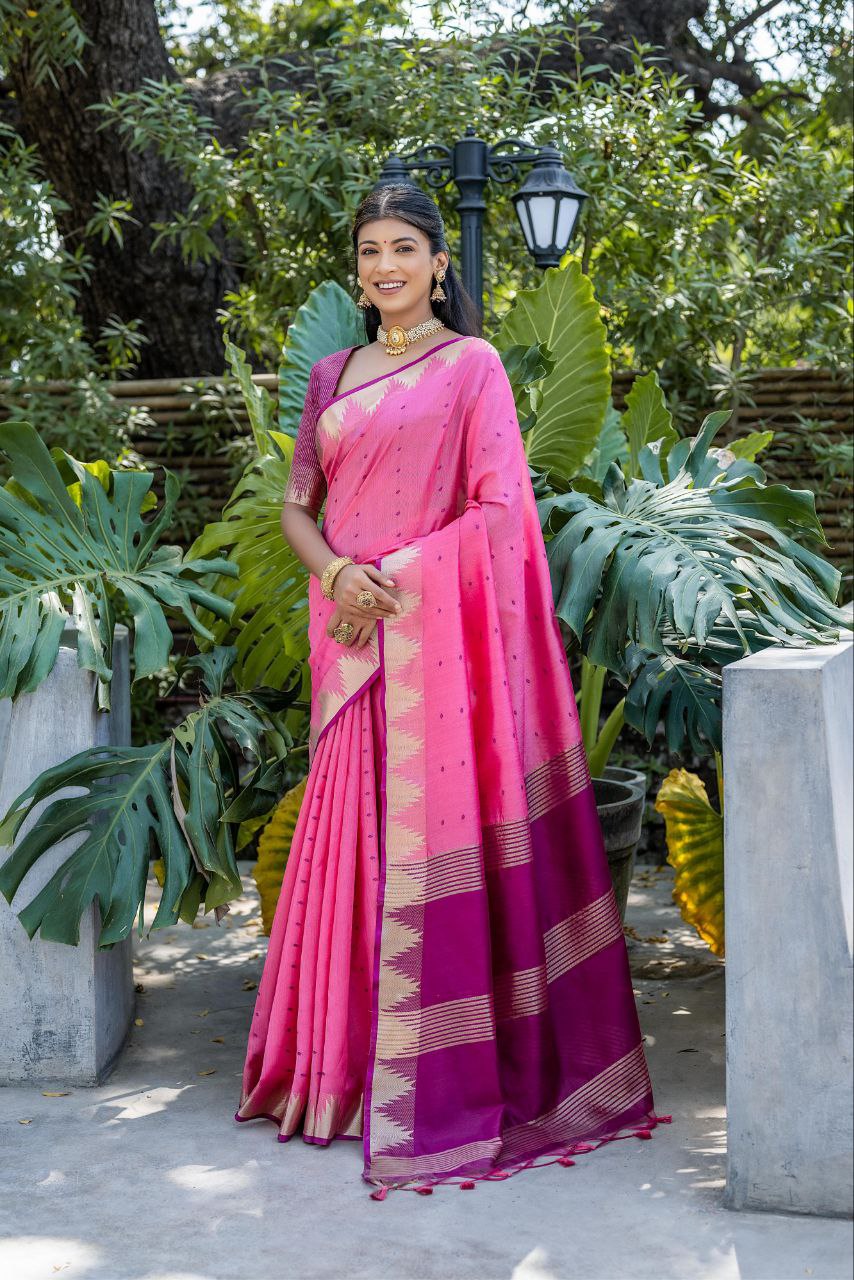 Pink Traditional Tussar Silk Saree