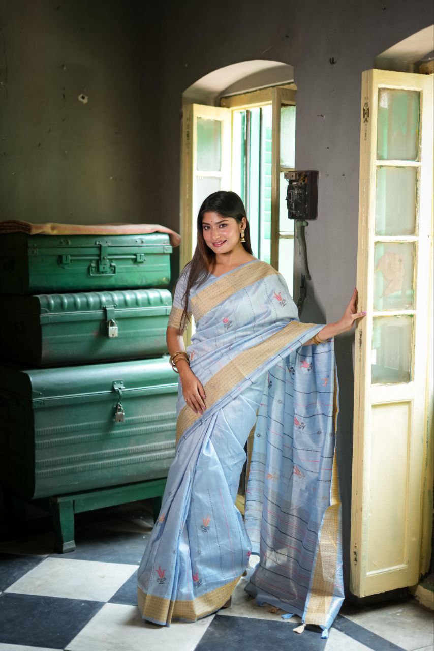 Blue Traditional Tussar Silk Saree