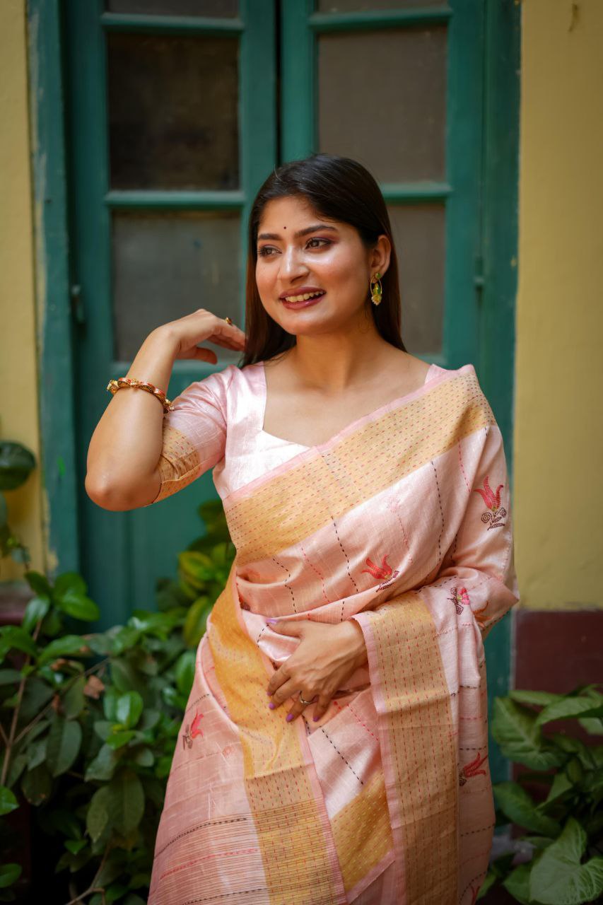 Peach Traditional Tussar Silk Saree