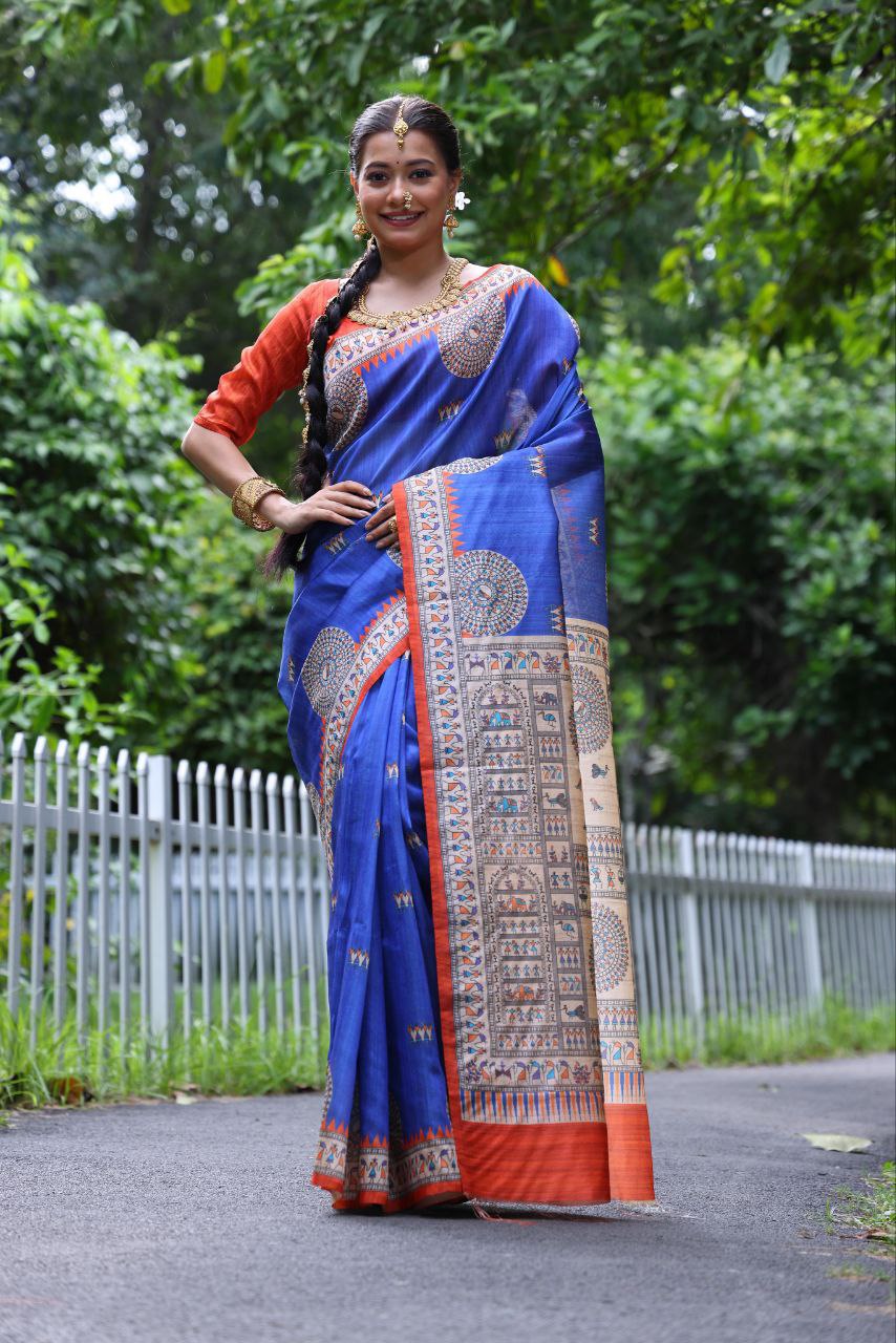 Blue Traditional Tussar Silk Saree