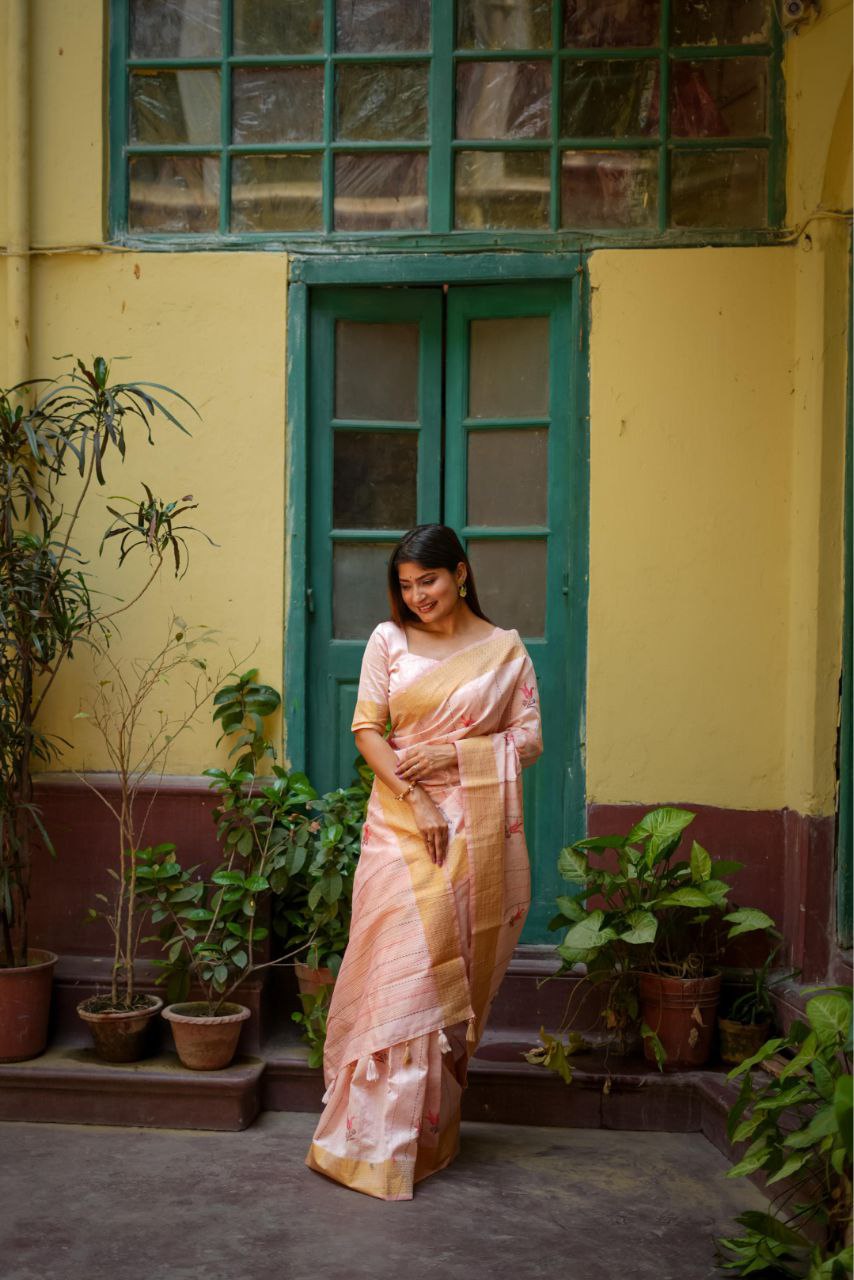 Peach Traditional Tussar Silk Saree