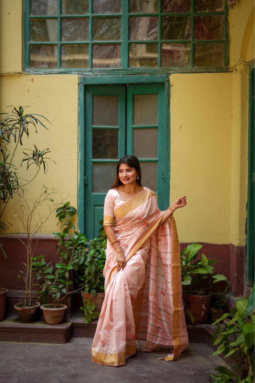 Peach Traditional Tussar Silk Saree