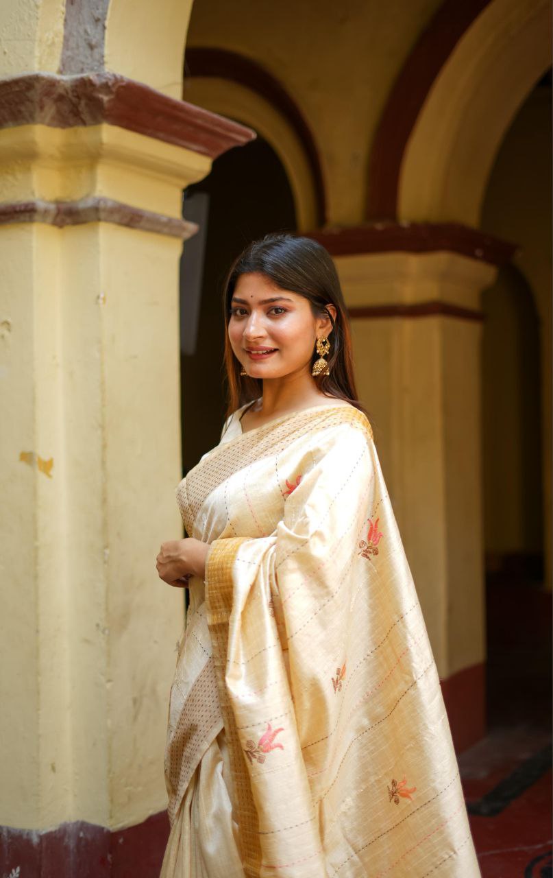 Cream Traditional Tussar Silk Saree