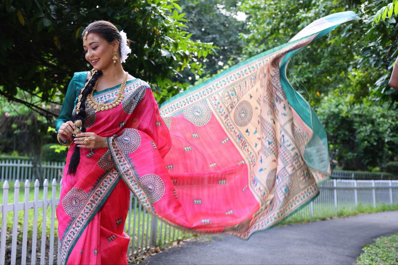 Pink Traditional Tussar Silk Saree