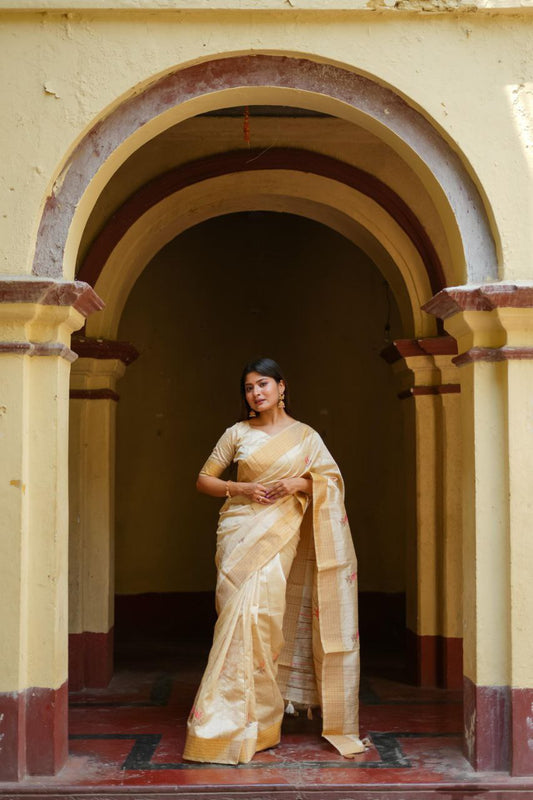 Cream Traditional Tussar Silk Saree