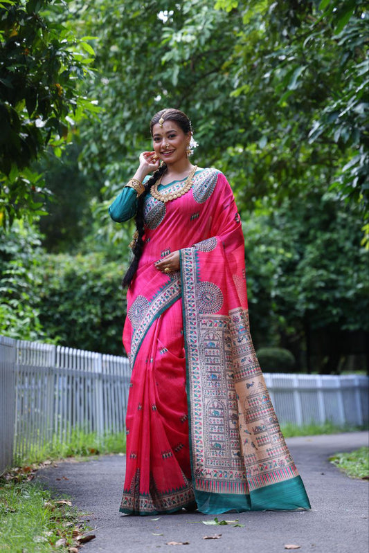 Pink Traditional Tussar Silk Saree