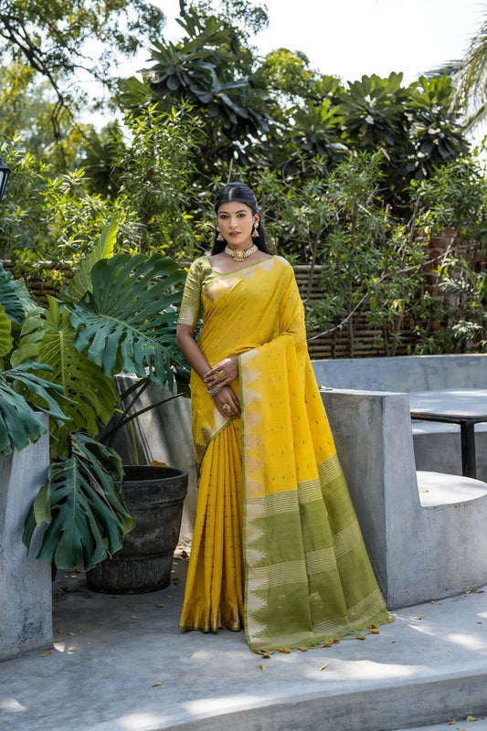 Yellow Traditional Tussar Silk Saree