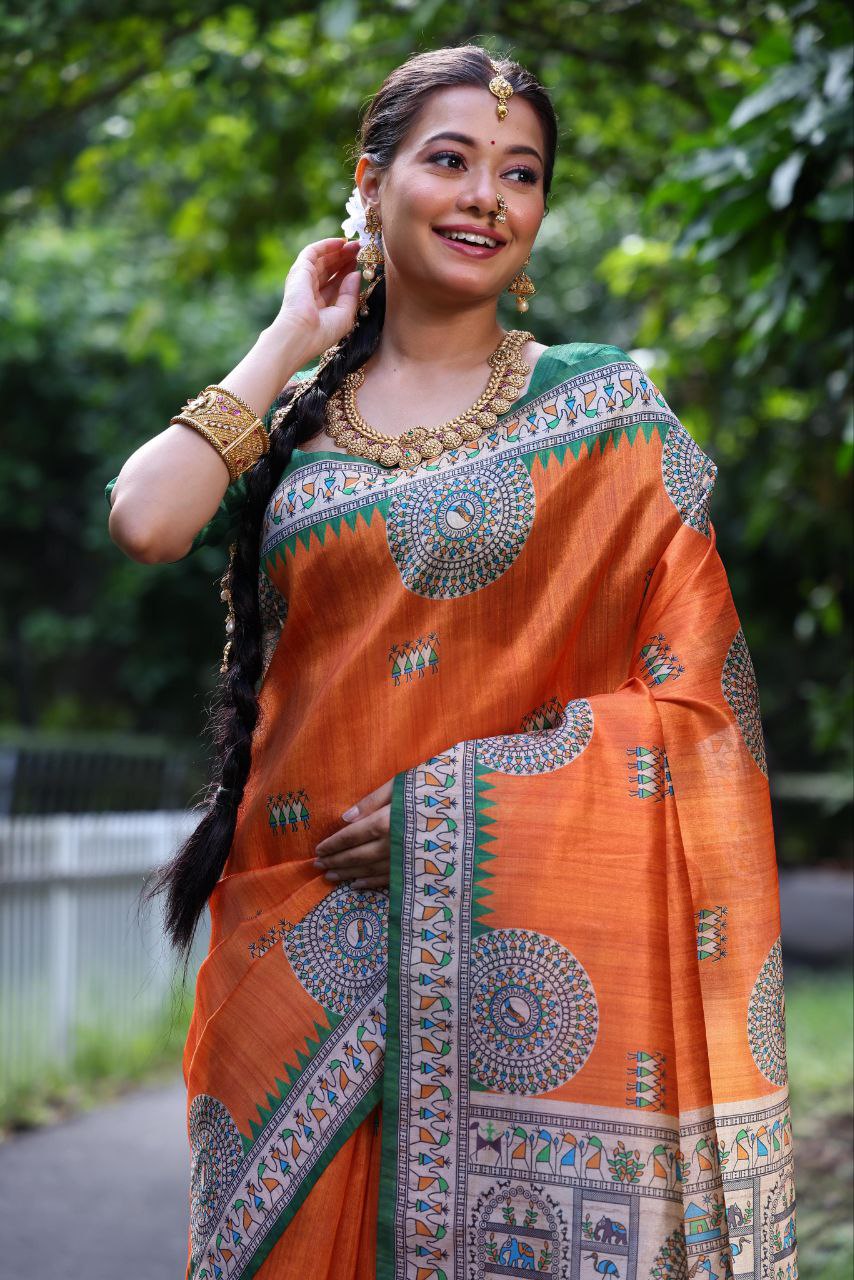 Orange Traditional Tussar Silk Saree