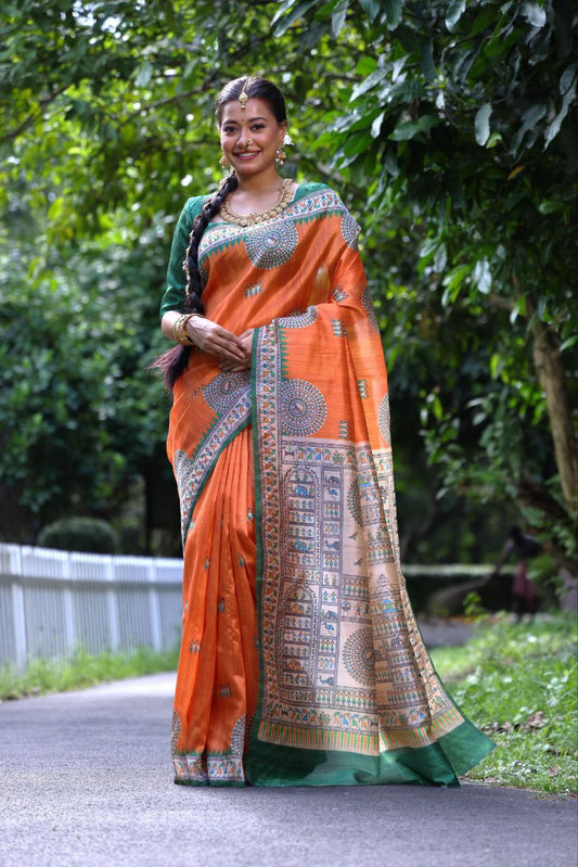 Orange Traditional Tussar Silk Saree