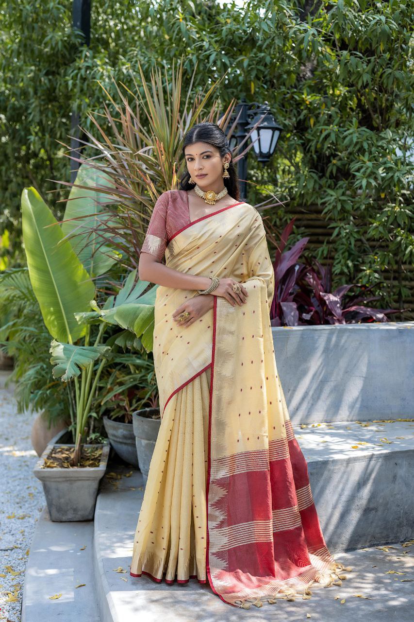 Cream Traditional Tussar Silk Saree