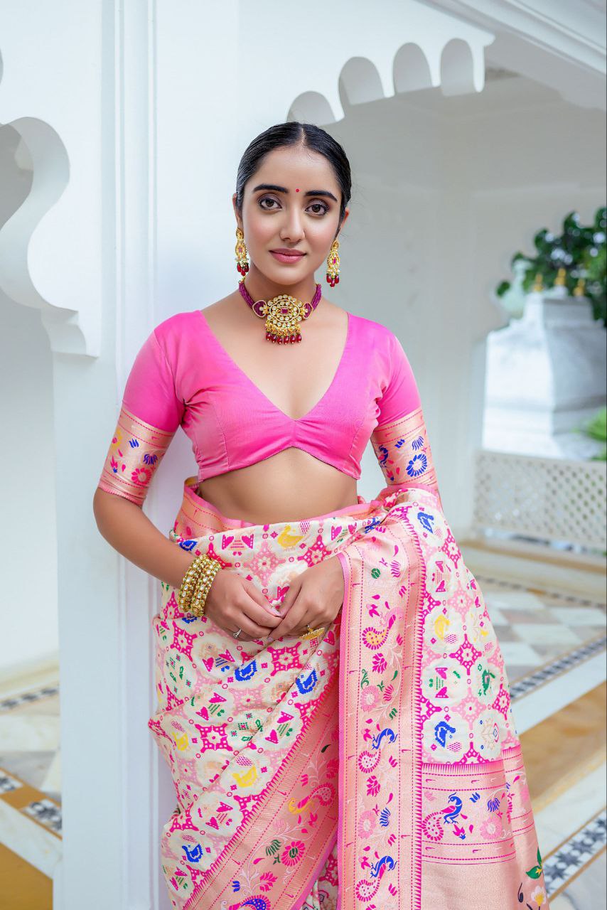 Pink & White Traditional Paithani Silk Saree