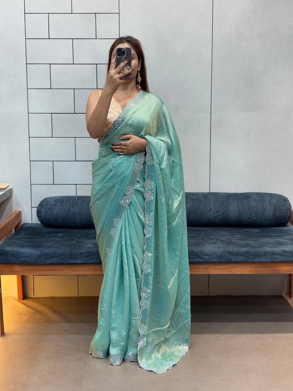 Turquoise Blue Stylish Diamond Work Space Silk Saree