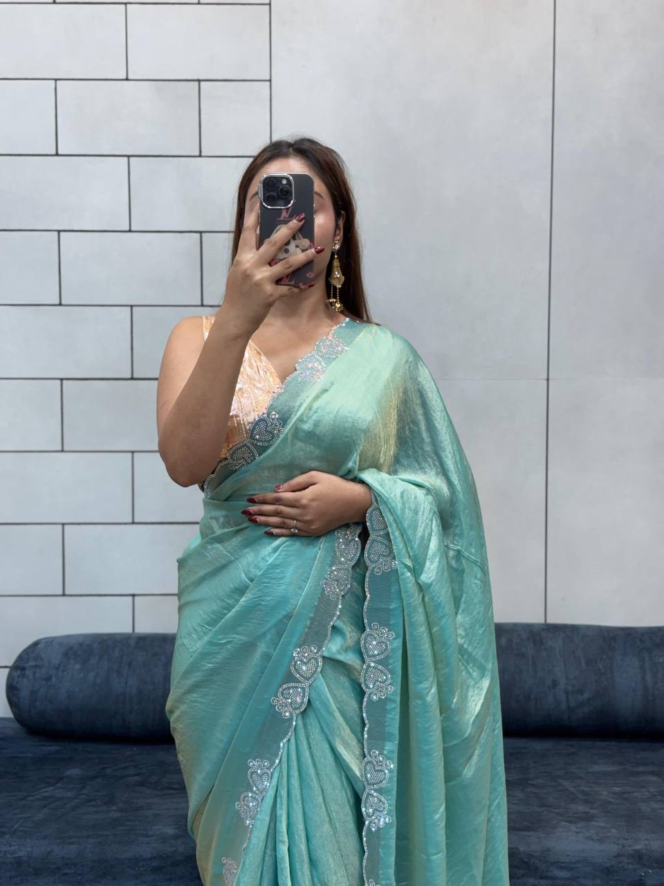 Turquoise Blue Stylish Diamond Work Space Silk Saree