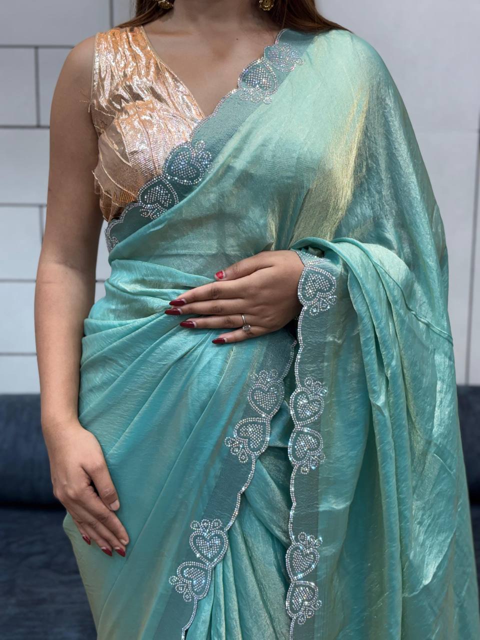Turquoise Blue Stylish Diamond Work Space Silk Saree