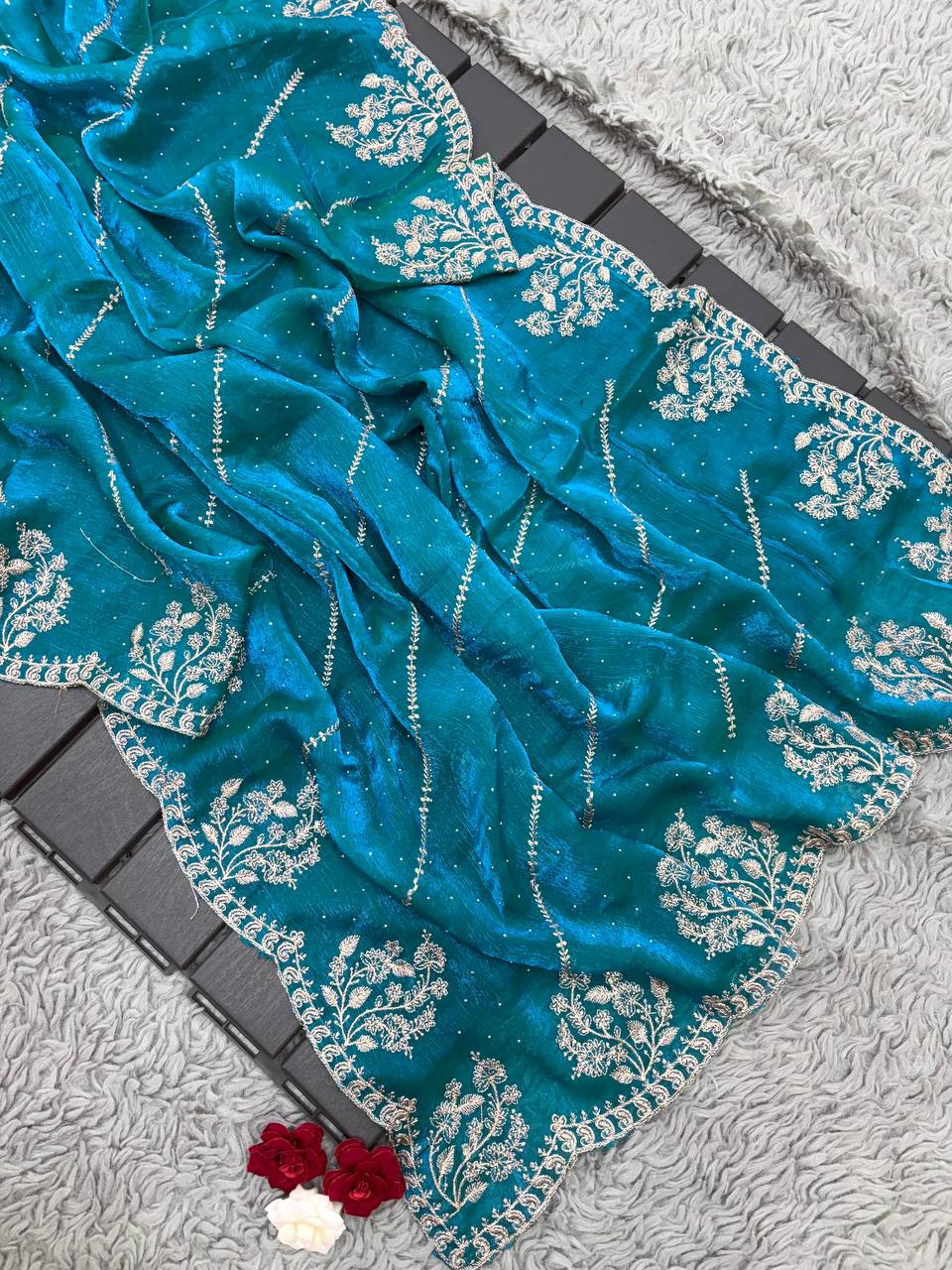 Venice Blue Designer Fandy Chiffon Silk Saree