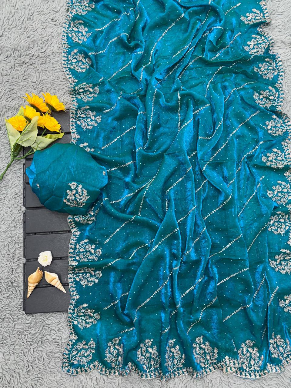 Venice Blue Designer Fandy Chiffon Silk Saree