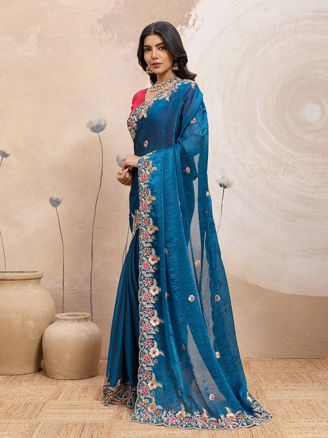 Venice Blue Party Wear Soft Space Silk Saree