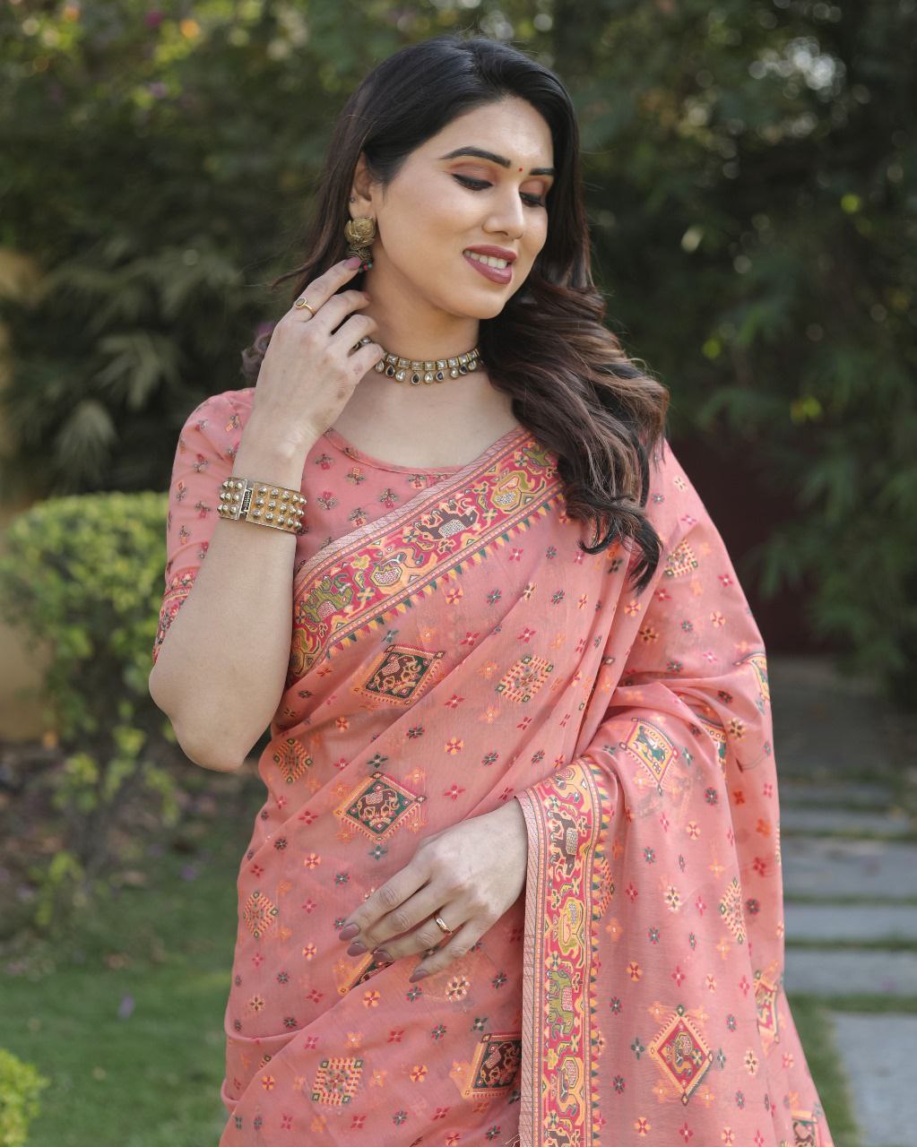 Peach Wedding Wear Pashmina Saree