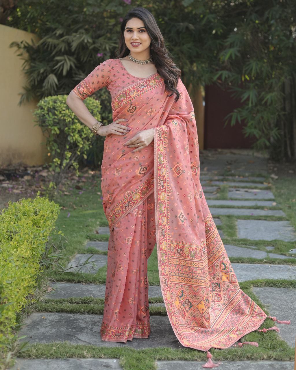 Peach Wedding Wear Pashmina Saree