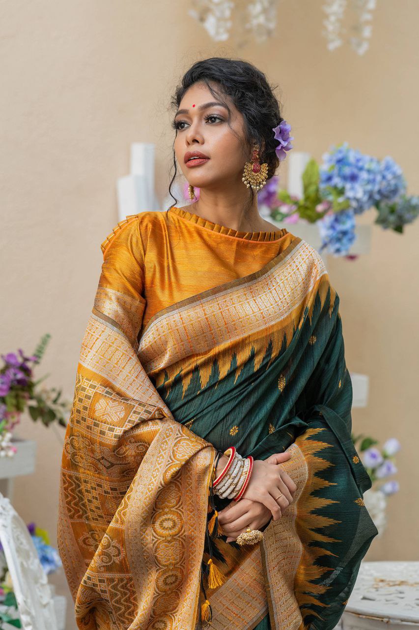 Green Wedding Wear Tussur Silk Weaving Saree