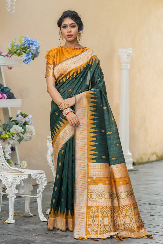 Green Wedding Wear Tussur Silk Weaving Saree