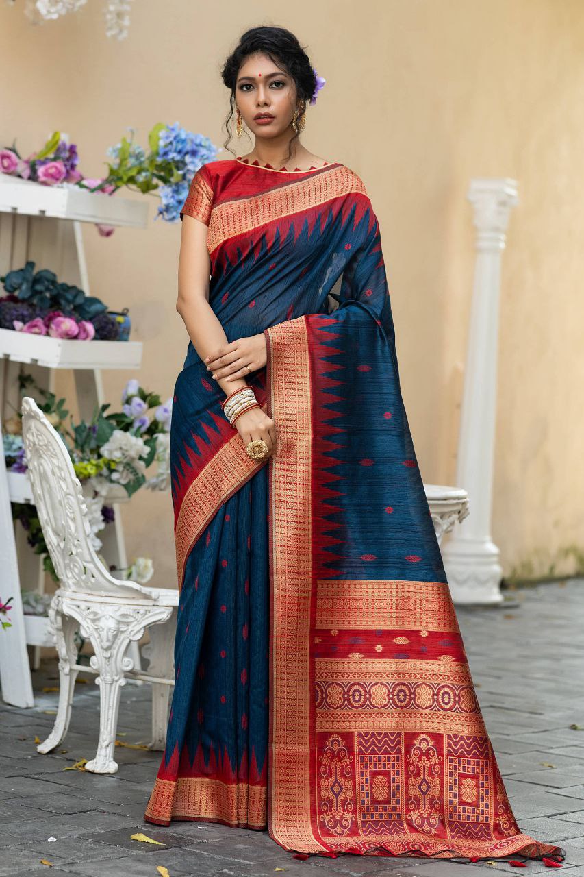 Teal Blue Wedding Wear Tussur Silk Weaving Saree