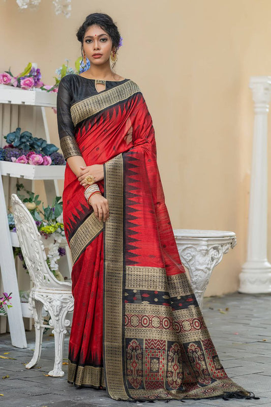 Red Wedding Wear Tussur Silk Weaving Saree